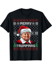 Merry Trumpmas Santa Trump Christmas Vintage Ugly Sweater T-Shirt 180G 100% Cotton Printed Round Neck Short-Sleeve T-Shirt, Gifts for Men Dad Husband Grandpa, S-XXXL, Black
