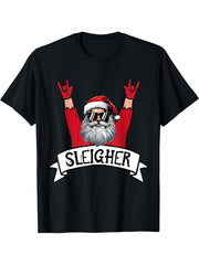 Sleigher Santa Rock Xmas Rocker Men Women Boy Girl Boy T-Shirt 180G 100% Cotton Printed Round Neck Short-Sleeve T-Shirt, Gifts for Men Dad Husband Grandpa, S-XXXL, Black