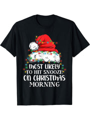 Xmas Santa Most Likely To Hit Snooze On Christmas Morning T-Shirt 180G 100% Cotton Printed Round Neck Short-Sleeve T-Shirt, Gifts for Men Dad Husband Grandpa, S-XXXL, Black