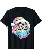 Santa Face Retro Sunglasses Christmas Xmas Men Women T-Shirt 180G 100% Cotton Printed Round Neck Short-Sleeve T-Shirt, Gifts for Men Dad Husband Grandpa, S-XXXL, Black