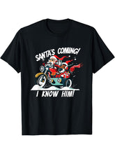 Santa's Coming I Know Him | Funny Santa Moose On Motorcycle T-Shirt 180G 100% Cotton Printed Round Neck Short-Sleeve T-Shirt, Gifts for Men Dad Husband Grandpa, S-XXXL, Black