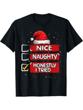 Nice Naughty Honestly I Tried Christmas List Santa Claus T-Shirt 180G 100% Cotton Printed Round Neck Short-Sleeve T-Shirt, Gifts for Men Dad Husband Grandpa, S-XXXL, Black