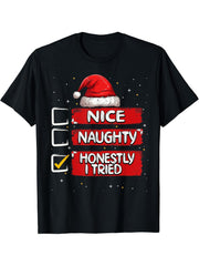 Nice Naughty Honestly I Tried Christmas List Santa Claus T-Shirt 180G 100% Cotton Printed Round Neck Short-Sleeve T-Shirt, Gifts for Men Dad Husband Grandpa, S-XXXL, Black