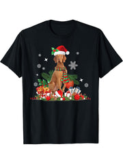 Christmas Vizsla Dog, Santa Hat, Lights, Presents T-Shirt 180G 100% Cotton Printed Round Neck Short-Sleeve T-Shirt, Gifts for Men Dad Husband Grandpa, S-XXXL, Black