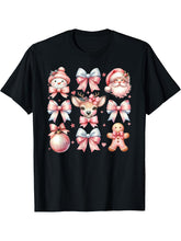 Vintage Pink Bow Christmas Coquette Bow Reindeer Santa Claus T-Shirt 180G 100% Cotton Printed Round Neck Short-Sleeve T-Shirt, Gifts for Men Dad Husband Grandpa, S-XXXL, Black