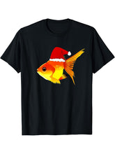 Funny Goldfish Christmas Shirt Santa Hat Pet Fish Gift T-Shirt 180G 100% Cotton Printed Round Neck Short-Sleeve T-Shirt, Gifts for Men Dad Husband Grandpa, S-XXXL, Black