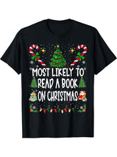 Most Likely To Read A Book On Christmas Family T-Shirt 180G 100% Cotton Printed Round Neck Short-Sleeve T-Shirt, Gifts for Men Dad Husband Grandpa, S-XXXL, Black
