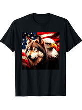 2024 Wolf Bald Eagle American Flag New Years Lovers Design T-Shirt 180G 100% Cotton Printed Round Neck Short-Sleeve T-Shirt, Gifts for Men Dad Husband Grandpa, S-XXXL, Black