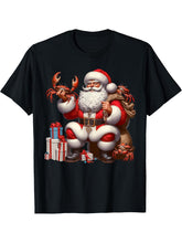 American Santa Claus Holding Crab Present Xmas T-Shirt 180G 100% Cotton Printed Round Neck Short-Sleeve T-Shirt, Gifts for Men Dad Husband Grandpa, S-XXXL, Black