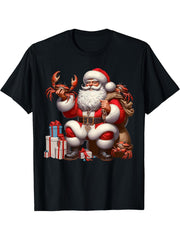 American Santa Claus Holding Crab Present Xmas T-Shirt 180G 100% Cotton Printed Round Neck Short-Sleeve T-Shirt, Gifts for Men Dad Husband Grandpa, S-XXXL, Black
