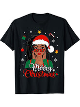 Loc'd Hair Melanin Black Woman Merry Christmas Santa Hat T-Shirt 180G 100% Cotton Printed Round Neck Short-Sleeve T-Shirt, Gifts for Men Dad Husband Grandpa, S-XXXL, Black