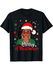 Loc'd Hair Melanin Black Woman Merry Christmas Santa Hat T-Shirt 180G 100% Cotton Printed Round Neck Short-Sleeve T-Shirt, Gifts for Men Dad Husband Grandpa, S-XXXL, Black