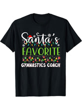 Santa Claus Christmas Santa's Favorite Gymnastics Coach T-Shirt 180G 100% Cotton Printed Round Neck Short-Sleeve T-Shirt, Gifts for Men Dad Husband Grandpa, S-XXXL, Black