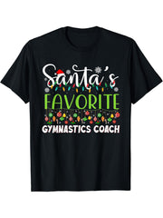 Santa Claus Christmas Santa's Favorite Gymnastics Coach T-Shirt 180G 100% Cotton Printed Round Neck Short-Sleeve T-Shirt, Gifts for Men Dad Husband Grandpa, S-XXXL, Black