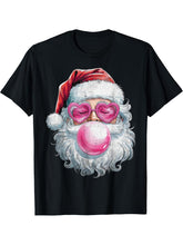 Vintage Santa Bubble Gum Pink Heart Sunglasses Christmas T-Shirt 180G 100% Cotton Printed Round Neck Short-Sleeve T-Shirt, Gifts for Men Dad Husband Grandpa, S-XXXL, Black