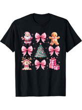 Pink Coquette Bow Santa Gingerbread Christmas Cute Girl Xmas T-Shirt 180G 100% Cotton Printed Round Neck Short-Sleeve T-Shirt, Gifts for Men Dad Husband Grandpa, S-XXXL, Black