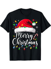 Merry Christmas Lights Red Santa Hat Xmas Family Men Women T-Shirt 180G 100% Cotton Printed Round Neck Short-Sleeve T-Shirt, Gifts for Men Dad Husband Grandpa, S-XXXL, Black