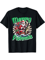Santa Claus Fishing Merry Fishmas Christmas Boy Girl Boys Men T-Shirt 180G 100% Cotton Printed Round Neck Short-Sleeve T-Shirt, Gifts for Men Dad Husband Grandpa, S-XXXL, Black