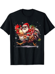 Santa Chicken Christmas Lights Funny Xmas Chicken Lover T-Shirt 180G 100% Cotton Printed Round Neck Short-Sleeve T-Shirt, Gifts for Men Dad Husband Grandpa, S-XXXL, Black