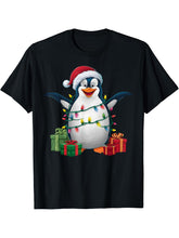 Penguin Xmas Lighting Santa Hat Emperor Penguin Christmas T-Shirt 180G 100% Cotton Printed Round Neck Short-Sleeve T-Shirt, Gifts for Men Dad Husband Grandpa, S-XXXL, Black