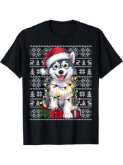 Xmas Sweater Style Ugly Santa Alaskan Malamute Dog Christmas T-Shirt 180G 100% Cotton Printed Round Neck Short-Sleeve T-Shirt, Gifts for Men Dad Husband Grandpa, S-XXXL, Black