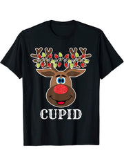 Santa Reindeer Cupid Xmas Group Costume T-Shirt 180G 100% Cotton Printed Round Neck Short-Sleeve T-Shirt, Gifts for Men Dad Husband Grandpa, S-XXXL, Black
