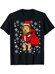 Santa Claus Lion for Christmas Fans T-Shirt 180G 100% Cotton Printed Round Neck Short-Sleeve T-Shirt, Gifts for Men Dad Husband Grandpa, S-XXXL, Black
