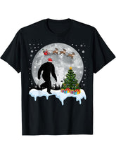 Christmas Bigfoot Santa Tree Sleigh Moon Reindeer Snow T-Shirt 180G 100% Cotton Printed Round Neck Short-Sleeve T-Shirt, Gifts for Men Dad Husband Grandpa, S-XXXL, Black