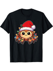 Santa Hat Christmas Fairy Lights Tarantula T-Shirt 180G 100% Cotton Printed Round Neck Short-Sleeve T-Shirt, Gifts for Men Dad Husband Grandpa, S-XXXL, Black
