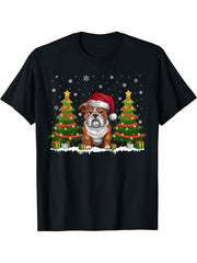 Xmas Tree Lights English Bulldog Santa Hat Christmas Sweater T-Shirt 180G 100% Cotton Printed Round Neck Short-Sleeve T-Shirt, Gifts for Men Dad Husband Grandpa, S-XXXL, Black