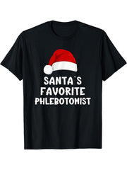 Christmas Santa's Favorite Phlebotomist Funny Xmas Pajama T-Shirt 180G 100% Cotton Printed Round Neck Short-Sleeve T-Shirt, Gifts for Men Dad Husband Grandpa, S-XXXL, Black