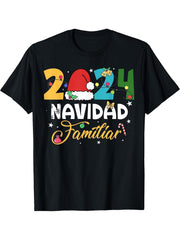 2024 Navidad Familiar Spanish Christmas Lights Santa Pjs T-Shirt 180G 100% Cotton Printed Round Neck Short-Sleeve T-Shirt, Gifts for Men Dad Husband Grandpa, S-XXXL, Black