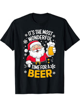 It's the most wonderful Time for a Beer Santa Christmas T-Shirt 180G 100% Cotton Printed Round Neck Short-Sleeve T-Shirt, Gifts for Men Dad Husband Grandpa, S-XXXL, Black