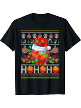 Santa Basketball Ball Xmas Tree Light Ugly Christmas Sweater T-Shirt 180G 100% Cotton Printed Round Neck Short-Sleeve T-Shirt, Gifts for Men Dad Husband Grandpa, S-XXXL, Black