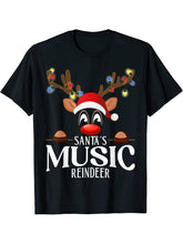 Santa's Music Reindeer Funny XMas Matching PJS T-Shirt 180G 100% Cotton Printed Round Neck Short-Sleeve T-Shirt, Gifts for Men Dad Husband Grandpa, S-XXXL, Black