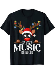 Santa's Music Reindeer Funny XMas Matching PJS T-Shirt 180G 100% Cotton Printed Round Neck Short-Sleeve T-Shirt, Gifts for Men Dad Husband Grandpa, S-XXXL, Black