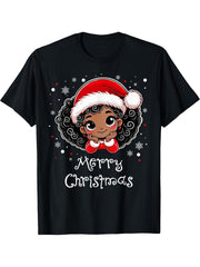 Black African Girl American Melanin Christmas Santa Hat Xmas T-Shirt 180G 100% Cotton Printed Round Neck Short-Sleeve T-Shirt, Gifts for Men Dad Husband Grandpa, S-XXXL, Black