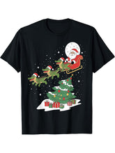 Santa Riding Alligator Christmas Lighting Tree Boy Girl Boys Men T-Shirt 180G 100% Cotton Printed Round Neck Short-Sleeve T-Shirt, Gifts for Men Dad Husband Grandpa, S-XXXL, Black