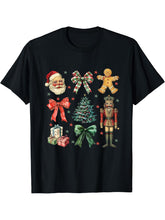 Coquette Bow Nutcracker Santa Christmas Xmas Family Pajamas T-Shirt 180G 100% Cotton Printed Round Neck Short-Sleeve T-Shirt, Gifts for Men Dad Husband Grandpa, S-XXXL, Black