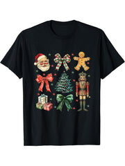 Coquette Bow Nutcracker Santa Christmas Xmas Family Pajamas T-Shirt 180G 100% Cotton Printed Round Neck Short-Sleeve T-Shirt, Gifts for Men Dad Husband Grandpa, S-XXXL, Black