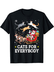 Cats For Everybody Christmas Cat Funny Xmas Santa Women T-Shirt 180G 100% Cotton Printed Round Neck Short-Sleeve T-Shirt, Gifts for Men Dad Husband Grandpa, S-XXXL, Black