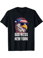 God Bless New York - Patriotic Bald Eagle American Flag T-Shirt 180G 100% Cotton Printed Round Neck Short-Sleeve T-Shirt, Gifts for Men Dad Husband Grandpa, S-XXXL, Black