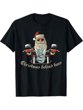 Christmas Behind Bars Biker T-Shirt - Santa Motorcycle Tee T-Shirt 180G 100% Cotton Printed Round Neck Short-Sleeve T-Shirt, Gifts for Men Dad Husband Grandpa, S-XXXL, Black