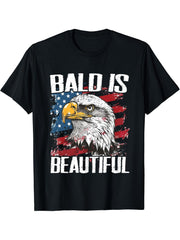 Bald Is Beautiful 4th of July Independence Day Bald Eagle T-Shirt 180G 100% Cotton Printed Round Neck Short-Sleeve T-Shirt, Gifts for Men Dad Husband Grandpa, S-XXXL, Black