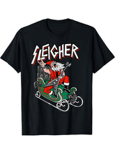 Ugly Christmas Sweater Sleigher - Heavy Metal Santa T-Shirt 180G 100% Cotton Printed Round Neck Short-Sleeve T-Shirt, Gifts for Men Dad Husband Grandpa, S-XXXL, Black