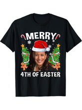 Funny Kamala Harris Christmas Santa Hat Merry 4th Of Easter T-Shirt 180G 100% Cotton Printed Round Neck Short-Sleeve T-Shirt, Gifts for Men Dad Husband Grandpa, S-XXXL, Black