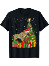 Hyena Xmas Tree Lighting Santa Hat Hyena Christmas T-Shirt 180G 100% Cotton Printed Round Neck Short-Sleeve T-Shirt, Gifts for Men Dad Husband Grandpa, S-XXXL, Black