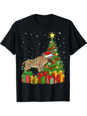 Hyena Xmas Tree Lighting Santa Hat Hyena Christmas T-Shirt 180G 100% Cotton Printed Round Neck Short-Sleeve T-Shirt, Gifts for Men Dad Husband Grandpa, S-XXXL, Black