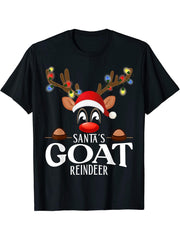 Santa's Goat Reindeer Funny XMas Matching PJS T-Shirt 180G 100% Cotton Printed Round Neck Short-Sleeve T-Shirt, Gifts for Men Dad Husband Grandpa, S-XXXL, Black