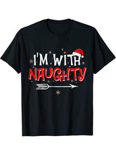 I'm With Naughty Matching Christmas Couples Costume Santa T-Shirt 180G 100% Cotton Printed Round Neck Short-Sleeve T-Shirt, Gifts for Men Dad Husband Grandpa, S-XXXL, Black